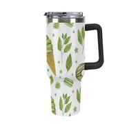 Bicchiere da viaggio per auto di grande capacità, 40 oz, per gelato verde, in acciaio inox, per bottiglie di caffè isolate, con coperchio e cannuccia, a prova di perdite (manico nero)