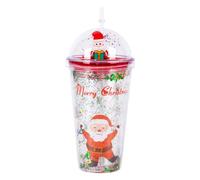 Bicchiere d'acqua Natalizio Tazza a Doppia Parete Glitterata con Cannuccia e Coperchio Albero di Natale di Babbo Natale Borraccia Riutilizzabile Senza BPA per Natale di Festa Regalo 450 ml (A)