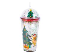 Bicchiere d'acqua Natalizio Tazza a Doppia Parete Glitterata con Cannuccia e Coperchio Albero di Natale di Babbo Natale Borraccia Riutilizzabile Senza BPA per Natale di Festa Regalo 450 ml (B)