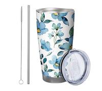 Bicchiere floreale blu Confezione da 1 acquerello Artistico Belle Foglie Pianta Bellezza blu giallo verde Metallo Riutilizzabile No Spill Infrangibile Yard Outdoor Picnic palestra con cannuccia