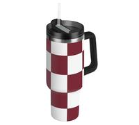 Bicchiere grande in acciaio inox marrone e bianco a quadri americani a bocca larga, con coperchio in cannuccia, tazza da caffè decorativa isolata, per scuola, sport, asilo nido, campeggio e altro