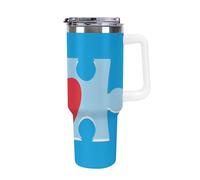 Bicchiere in acciaio da 40 OZ con isolamento sottovuoto, coperchio e cannuccia per acqua, tè freddo o caffè, frullato e altro ancora, manico bianco, motivo a forma di cuore blu con puzzle