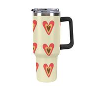 Bicchiere in acciaio da 40 OZ con isolamento sottovuoto, coperchio e cannuccia per acqua, tè freddo o caffè, frullati e altro ancora, manico nero, anello a forma di cuore, sfondo giallo, motivo a for