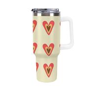 Bicchiere in acciaio da 40 OZ con isolamento sottovuoto, coperchio e cannuccia per acqua, tè freddo o caffè, frullati e altro ancora, manico bianco, anello a forma di cuore, sfondo giallo, motivo a f