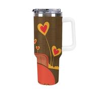 Bicchiere in acciaio da 40 OZ con isolamento sottovuoto, coperchio e cannuccia per acqua, tè freddo o caffè, frullato e altro ancora, manico bianco, palloncino dell'amore, auto, forma di cuore, motiv