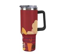 Bicchiere in acciaio da 40 OZ con isolamento sottovuoto, coperchio e cannuccia per acqua, tè freddo o caffè, frullato e altro ancora, manico nero, orecchie di coniglio, amore, caffè, coppia, motivo s