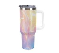 Bicchiere in acciaio inossidabile con isolamento termico, con manico e coperchio a cannuccia, da 40 once, con texture marmorizzata colorata, riutilizzabile, adatto per portabicchieri da viaggio, per