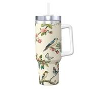 Bicchiere in acciaio inossidabile con isolamento termico floreale blu da 40 once con manico e coperchio con cannuccia, tazza da viaggio riutilizzabile adatta al portabicchieri per caffè, acqua, tè