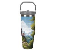 Bicchiere in acciaio inossidabile da 30 OZ con cannuccia girevole, bottiglia d'acqua isolata a doppia parete, tazza da viaggio a prova di perdite, motivo castello delle fiabe, per casa, ufficio, aut