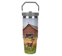 Bicchiere in acciaio inossidabile da 30 OZ con cannuccia girevole, bottiglia d'acqua isolata a doppia parete, a prova di perdite, tazza da viaggio con motivo fattoria e cervo, per casa, ufficio, aut