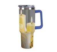Bicchiere in acciaio inox con farfalla gialla con candele bianche, 1,18 l, a prova di perdite, grande capacità, con manico, cannuccia a doppia parete, isolamento sottovuoto, riutilizzabile, mantiene