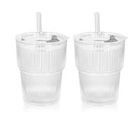 Bicchiere in Vetro con Coperchio e Cannuccia - Barattolo Vintage per Cocktail, Caffè Freddo e Smoothies - Set con Tappo Ermetico e Cannucce in Vetro