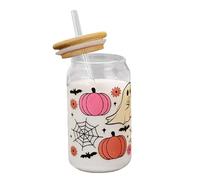 Bicchiere in vetro fantasma, 400 ml, tazza di Halloween con coperchio, tazza carina, bicchiere riutilizzabile, accento festivo, divertente accessorio per feste, tazze di vetro per adolescenti, adulti
