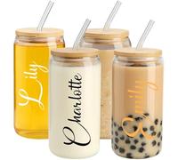 Bicchiere In Vetro Personalizzato Con Coperchio E Cannuccia, Tazza Da Caffè Freddo Da 16 Once Con Nome Personalizzato, Regalo Di Compleanno Per Damigelle D'onore, Cannucce In Vetro Per Mamma