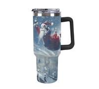 Bicchiere isolante riutilizzabile da 1180 ml con cannuccia, tazza da viaggio in acciaio inox, per caffè caldo e bevande fredde, Babbo Natale che vola sopra il castello