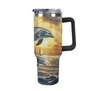 Bicchiere isolato riutilizzabile da 1180 ml con cannuccia, tazza da viaggio in acciaio inox per caffè caldo e bevande fredde, due delfini che saltano fuori dall'acqua