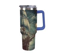 Bicchiere nautico vintage in acciaio inox con nave pirata a vela, a prova di perdite, grande capacità, tazza per auto con manico in paglia a doppia parete isolante sottovuoto riutilizzabile mantiene
