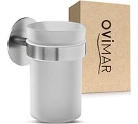 bicchiere ovimar per spazzolini da denti Keldsnor | argento | senza foratura | in vetro e acciaio inox per il bagno | bicchiere e portaspazzolino rimovibili | da attaccare alla parete