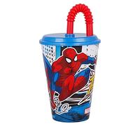 Bicchiere in plastica Bambini Marvel Spiderman da 430 ml, senza BPA, riutilizzabile e lavabile, con coperchio e cannuccia