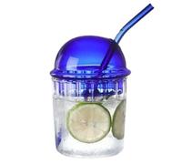 Bicchiere Per Bevande Tazza da caffè in vetro a righe semplici 450 ml con coperchio e cannuccia tè trasparente a bolle Tazze latte in for succhi colazione Per Tè Freddo, Bevande(Blue)