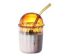 Bicchiere Per Bevande Tazza da caffè in vetro a righe semplici 450 ml con coperchio e cannuccia tè trasparente a bolle Tazze latte in for succhi colazione Per Tè Freddo, Bevande(Brown)