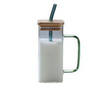 Bicchiere Per Bevande Tazza quadrata in vetro con coperchio e cannuccia da latte for colazione caffè trasparente for birra festa Bicchieri in Per Tè Freddo, Bevande(Green Handle)