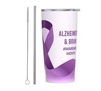 Bicchiere per il mese della consapevolezza dell'Alzheimer e del cervello con coperchio e cannuccia Bicchiere da 20 once in acciaio inossidabile con isolamento sotto vuoto Tazze da caffè riutilizzabil