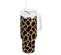 Bicchiere piatto con stampa geometrica leopardata, color oro, isolamento sottovuoto, con cannuccia, resistente alle perdite, riutilizzabile, con apertura larga, da viaggio, per casa, ufficio o auto