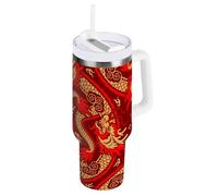 Bicchiere sottovuoto con drago rosso cinese, da 1,18 l, con cannuccia, resistente alle perdite, per bambini, bocca larga, tazza da caffè da viaggio con manico, per acqua, tè freddo o caffè