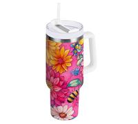 Bicchiere sottovuoto con fiore di rosa rossa, 1,18 l, con coperchio con cannuccia, bottiglia d'acqua isolata, bocca larga, tazza da ufficio, regalo per donne, uomini, lui e lei