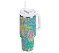 Bicchiere sottovuoto con palma tropicale rosa e foglie dorate, con coperchio e cannuccia, 1,18 l, bottiglia d'acqua a bocca larga, tazza termica da viaggio per caffè e caffè, regalo per uomo e donna