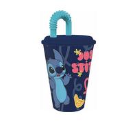 Bicchiere plastica per bambini Disney Stitch da 430 ml, senza BPA, riutilizzabile e lavabile, con cannuccia e coperchio