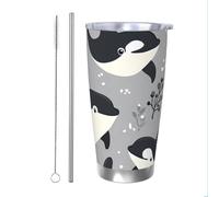 Bicchiere termico con balena oceanica con cannuccia e coperchio, portabicchieri per auto, in corallo marino, da 590 ml, in acciaio inox, da viaggio, per bevande calde e fredde