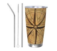 Bicchiere termico con bussola con 2 cannucce e coperchio, portabicchieri per auto, stile nautico, vintage, da 590 ml, in acciaio inox, da viaggio, per bevande calde e fredde