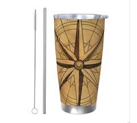 Bicchiere termico con bussola con cannuccia e coperchio, portabicchieri per auto, vintage, nautico, da 590 ml, in acciaio inox, da viaggio, per bevande calde e fredde