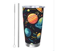 Bicchiere termico con cannuccia e coperchio, con sistema solare, portabicchieri per auto, Space Planet, da 590 ml, in acciaio inox, da viaggio, per bevande calde e fredde