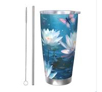 Bicchiere termico con farfalla di loto con cannuccia e coperchio, portabicchieri per auto, 590 ml, in acciaio inox, da viaggio, per bevande calde e fredde
