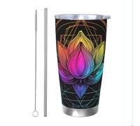 Bicchiere termico con fiore di loto con cannuccia e coperchio, portabicchieri per auto, motivo geometrico, da 590 ml, in acciaio inox, da viaggio, per bevande calde e fredde