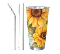Bicchiere termico con girasoli gialli con 2 cannucce e coperchio, portabicchieri per auto, motivo floreale, 590 ml, in acciaio inox, da viaggio, per bevande calde e fredde