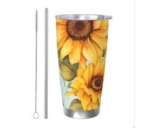 Bicchiere termico con girasoli gialli con cannuccia e coperchio, portabicchieri per auto, motivo floreale, 590 ml, in acciaio inox, da viaggio, per bevande calde e fredde