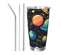 Bicchiere termico con sistema solare con 2 cannucce e coperchio, portabicchieri per auto, Space Planet, da 590 ml, in acciaio inox, da viaggio, per bevande calde e fredde