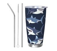 Bicchiere termico con squalo marino, con 2 cannucce e coperchio, portabicchieri per auto con animali dell'oceano, da 590 ml, in acciaio inox, da viaggio, per bevande calde e fredde