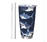 Bicchiere termico con squalo marino, con cannuccia e coperchio, portabicchieri per auto, con motivo animali dell'oceano, da 590 ml, in acciaio inox, da viaggio, per bevande calde e fredde