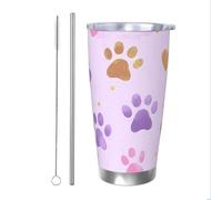 Bicchiere termico con stampa di zampe, viola, con cannuccia e coperchio, porta tazza termica per auto, con impronta colorata, da 590 ml, in acciaio inox, da viaggio, per bevande calde e fredde