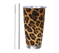 Bicchiere termico con stampa leopardata con cannuccia e coperchio, portabicchieri per auto, con pelle di tigre, da 590 ml, in acciaio inox, da viaggio, per bevande calde e fredde
