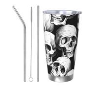 Bicchiere termico da viaggio con scheletro di Halloween, con 2 cannucce e coperchio, portabicchieri per auto, con teschio e fantasmi, da 590 ml, in acciaio inox, per bevande calde e fredde