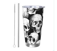 Bicchiere termico da viaggio con scheletro di Halloween, con cannuccia e coperchio, portabicchieri per auto, con teschio e fantasmi, da 590 ml, in acciaio inox, per bevande calde e fredde