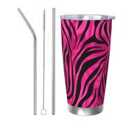 Bicchiere termico da viaggio con stampa zebrata rosa, con 2 cannucce e coperchio, portabicchieri per auto, in acciaio inox, da viaggio, per bevande calde e fredde