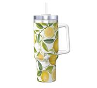 Bicchiere termico Fresh Tropical Lemons da 40 once con manico, resistente tazza in acciaio inossidabile a doppia parete per viaggi, ufficio e uso esterno, contenitore per bevande anti-perdite e anti-s