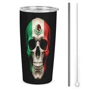 Bicchiere termico in acciaio inox da 20 once con teschio della bandiera messicana, per il Giorno dei Morti, a doppia parete, da viaggio, per auto, con coperchio e cannuccia, per regali di caffè da uo